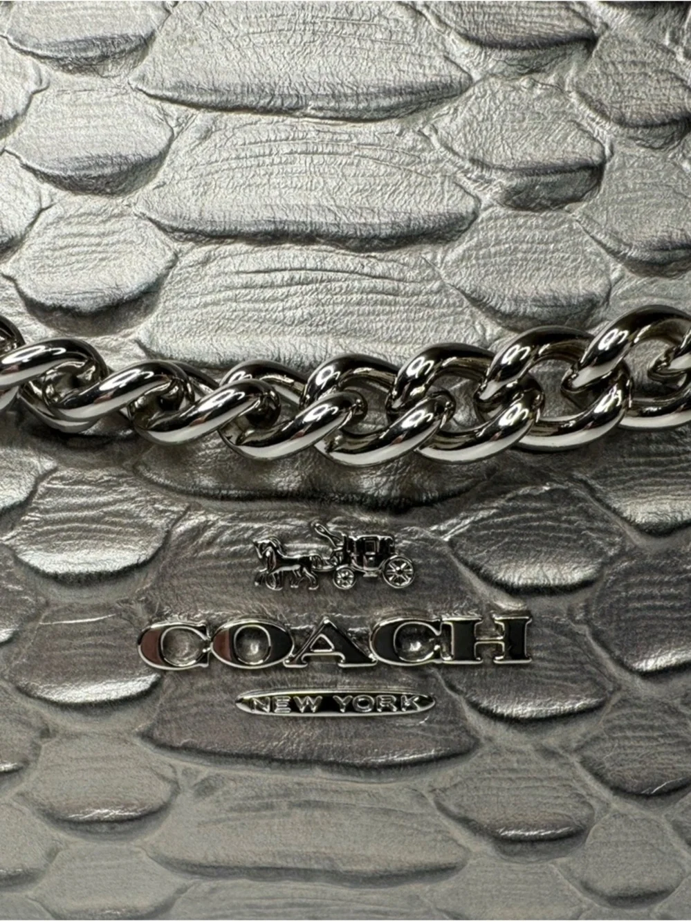 Coach Carrie Python Embossed Leather F35059 Pewter Silver Gunmetal Chain Bag